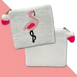 Pink Flamingo White Seed Beaded Pom-Pom Zipper Summer Coin Pouch Purse Bag NEW